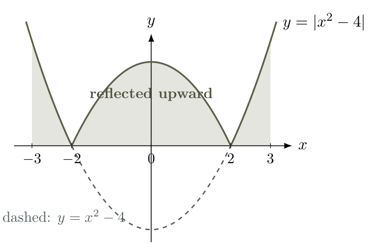 Absolute value reflects the below-axis part of x squared minus four upward