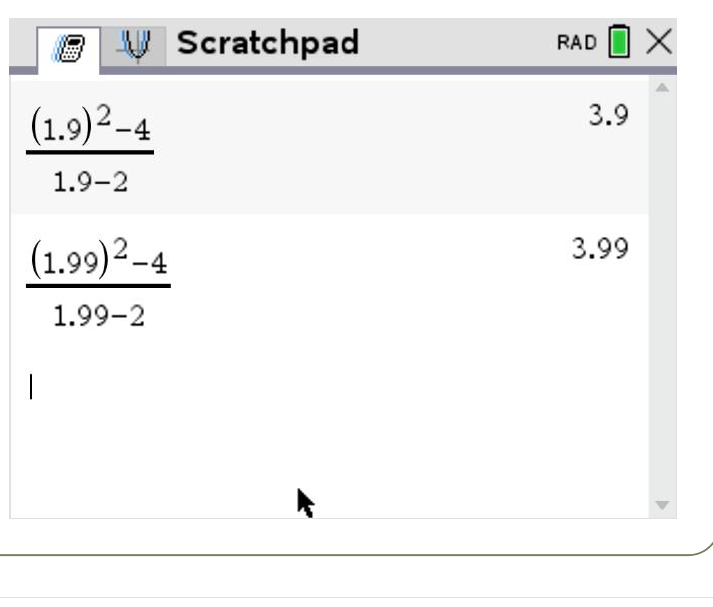 Calculator table showing values of the expression approaching 4 as x approaches 2