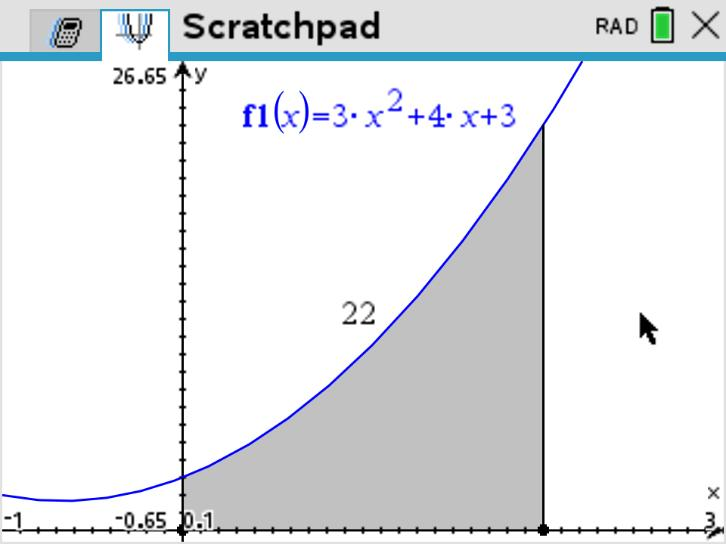 TI-Nspire graph showing shaded area under y equals 3x squared plus 4x plus 3 from 0 to 2
