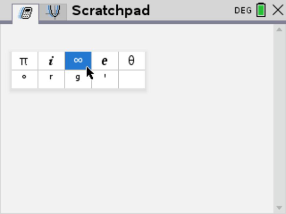 TI-Nspire CX symbols menu opened with the pi key, showing the infinity symbol.