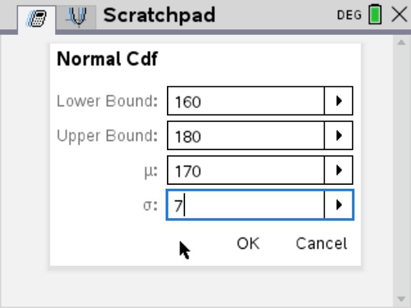 TI-Nspire CX Normal Cdf input bounds for heights 160 to 180 cm.