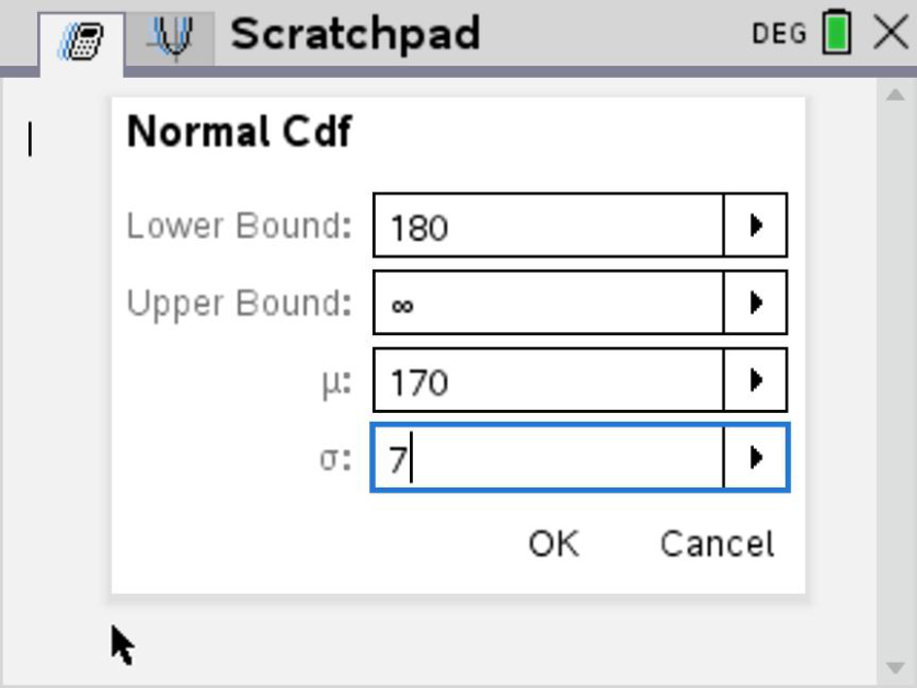TI-Nspire CX Normal Cdf input bounds for heights above 180 cm.