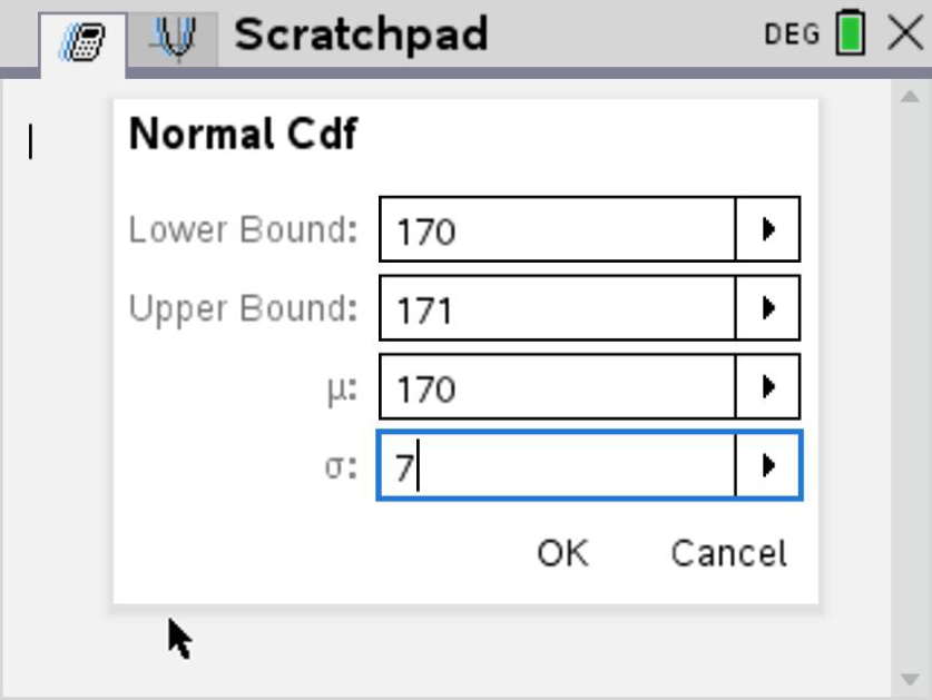 TI-Nspire CX Normal Cdf input bounds for heights 170 to 171 cm.