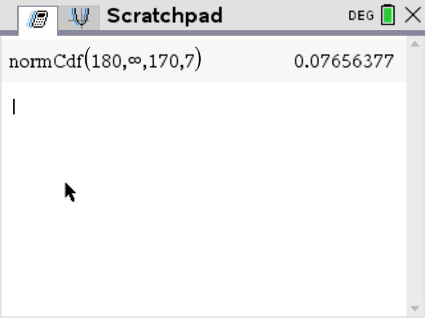 TI-Nspire CX Normal Cdf probability result for heights above 180 cm.