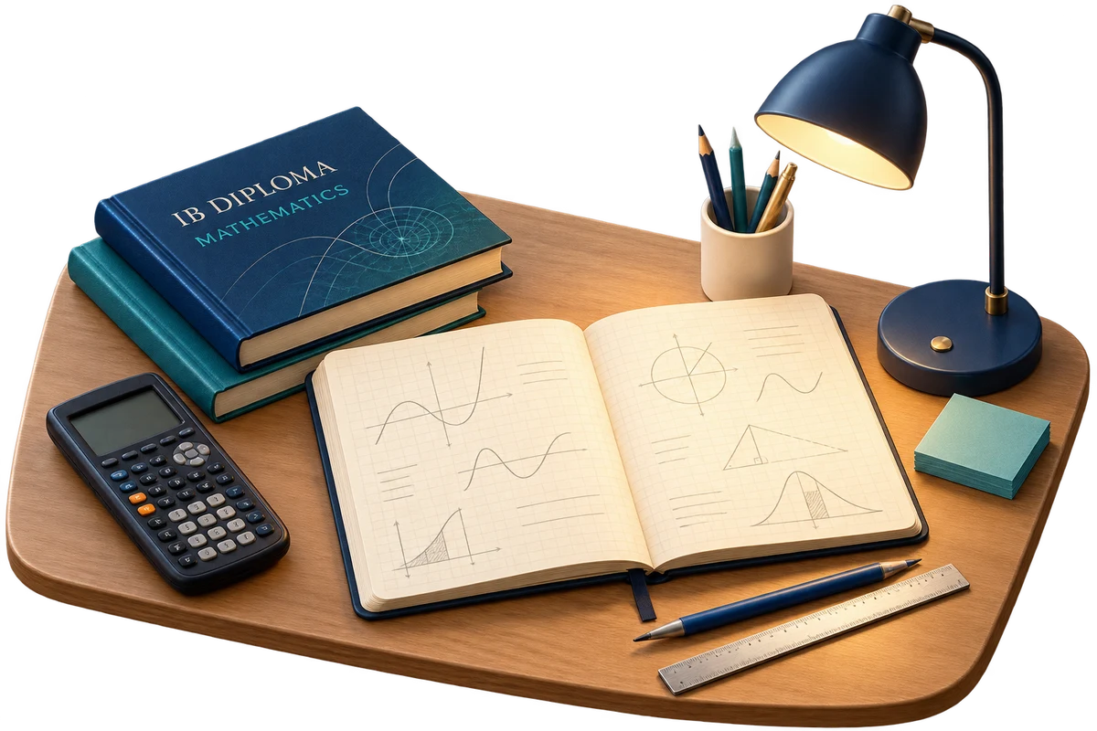 A warmly lit study desk with an open mathematics notebook, graphing calculator and IB Diploma Mathematics books.