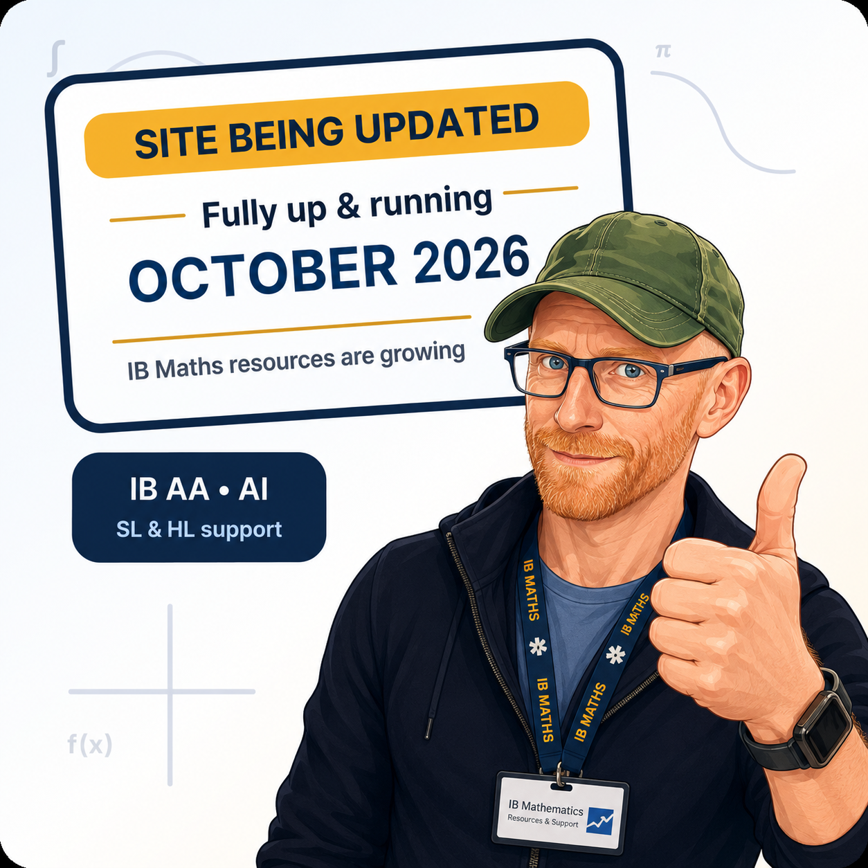 Polished illustrated Radford Mathematics teacher with glasses and a green cap beside a sign saying the site is being updated and fully up and running October 2026.